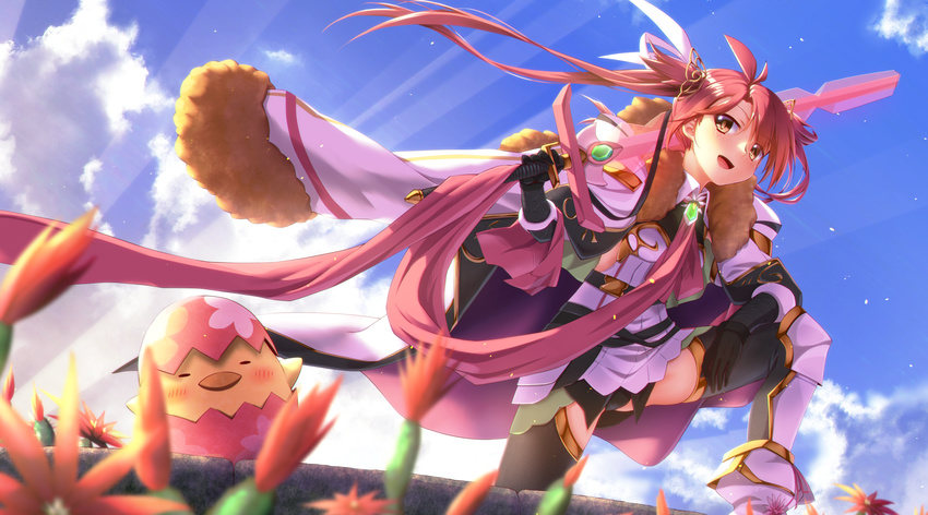 blush commentary_request female flower_knight_girl highres hoshikujaku_(flower_knight_girl) long_hair looking_at_viewer mizunashi_(second_run) outdoors over_shoulder pasukoa_(flower_knight_girl) pink_hair smile solo sword sword_over_shoulder twintails weapon weapon_over_shoulder yellow_eyes