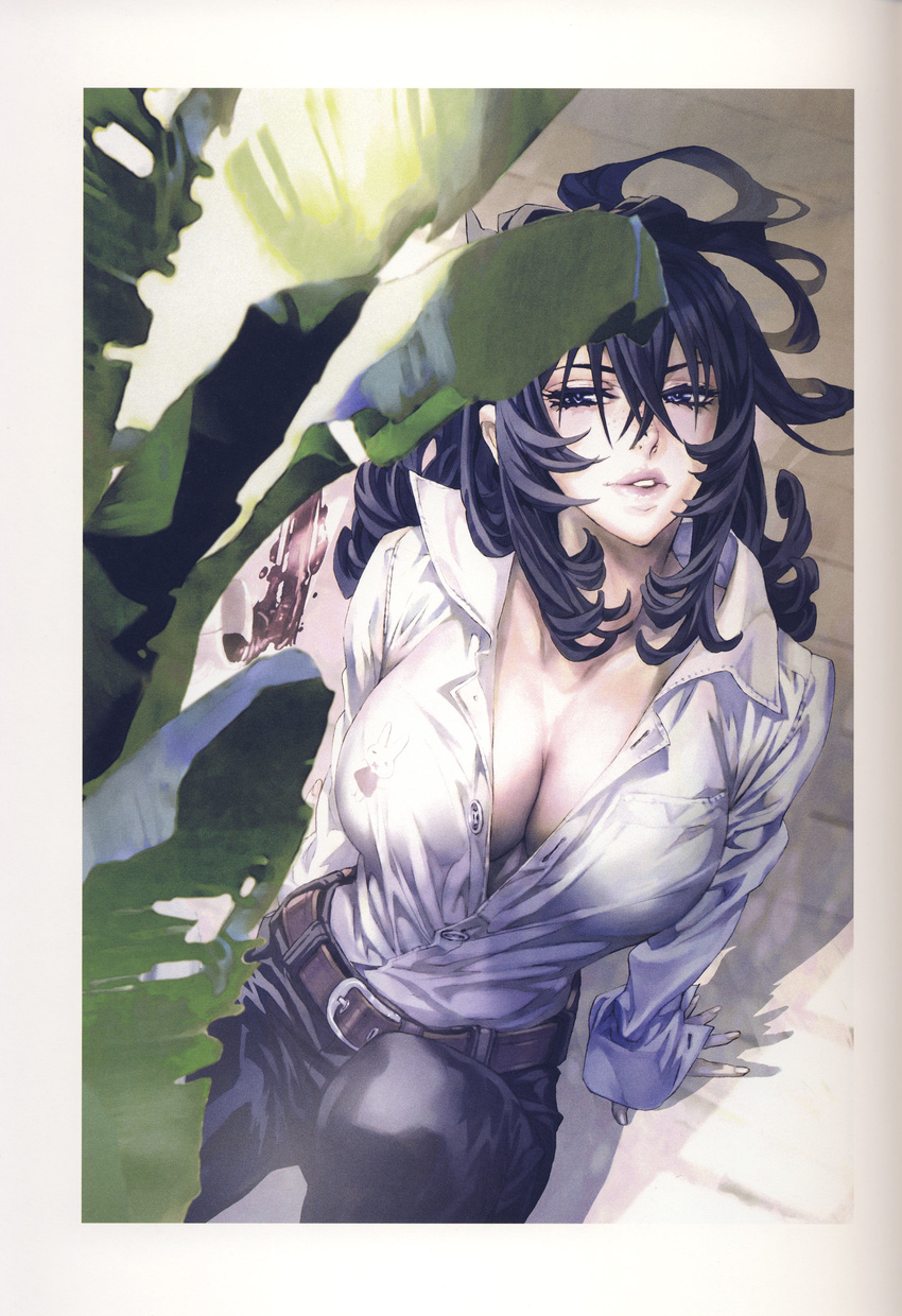 absurdres belt black_eyes black_hair breasts buckle buttons cleavage collarbone dress_shirt female fingernails freckles hamutz_meseta highres large_breasts lips long_hair maeshima_shigeki open_clothes open_shirt shirt solo tatakau_shisho