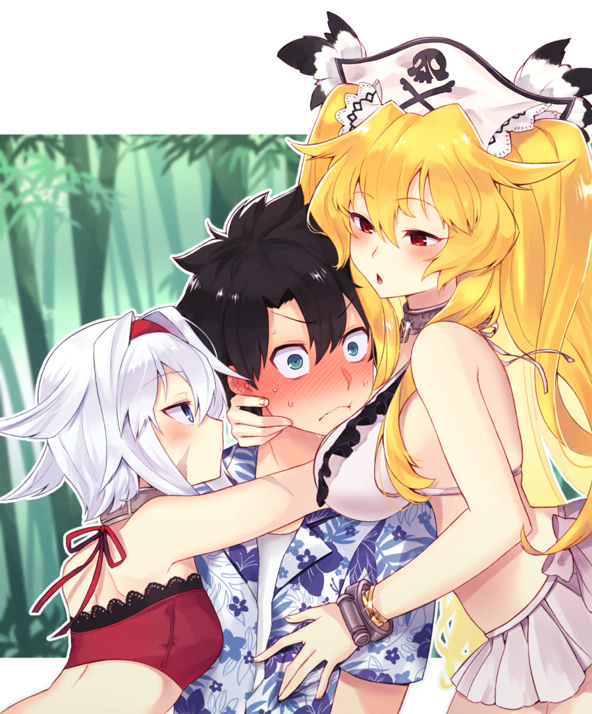 1boy 2girls \||/ anne_bonny_(fate) anne_bonny_(swimsuit_archer)_(fate) anne_bonny_(swimsuit_archer)_(second_ascension)_(fate) back bikini black_hair blonde_hair blue_eyes blue_shirt blush breasts closed_mouth collar constricted_pupils fate/grand_order fate_(series) fujimaru_ritsuka_(male) fujimaru_ritsuka_(male)_(tropical_summer) girl_sandwich hairband hat hawaiian_shirt highres itsumi_mita large_breasts long_hair mary_read_(fate) mary_read_(swimsuit_archer)_(fate) mary_read_(swimsuit_archer)_(second_ascension)_(fate) metal_collar miniskirt multiple_girls official_alternate_costume open_mouth photoshop_(medium) pirate_hat red_bikini red_eyes sandwiched scar scar_on_face shirt short_hair short_sleeves skirt skull_and_crossbones small_breasts spiked_hair straight swimsuit two_side_up white_bikini white_hair white_headwear white_skirt