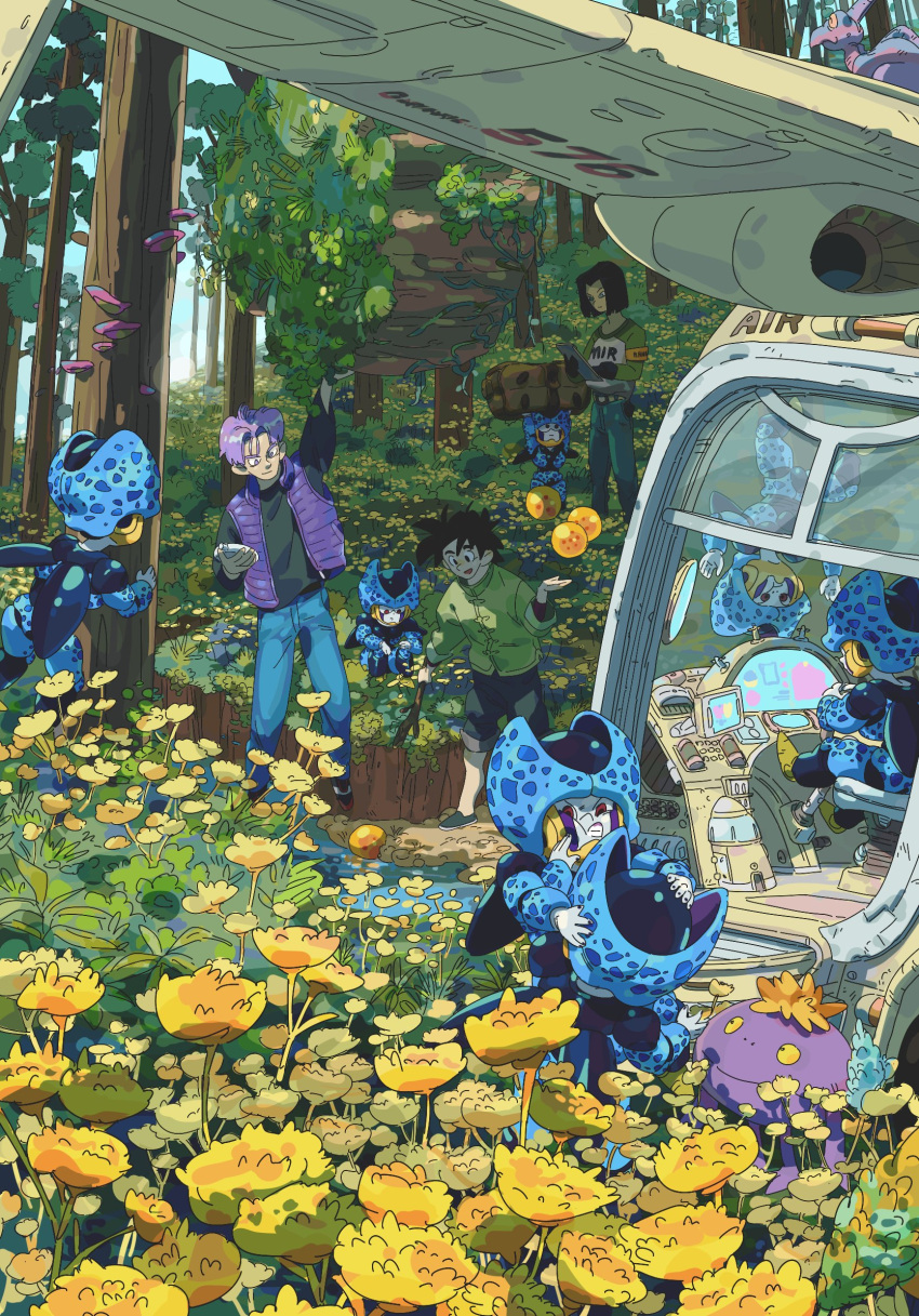 3boys 6+others against_glass aircraft android_17 azhuang bag black_hair blue_skin blue_vest cell_junior character_request colored_skin dragon_ball dragon_ball_(object) dragon_ball_super field flower flower_field forest highres holding long_sleeves male_focus multiple_boys multiple_others nature outdoors parted_bangs pink_hair short_hair sitting son_goten teeth tree trunks_(dragon_ball) vest wings