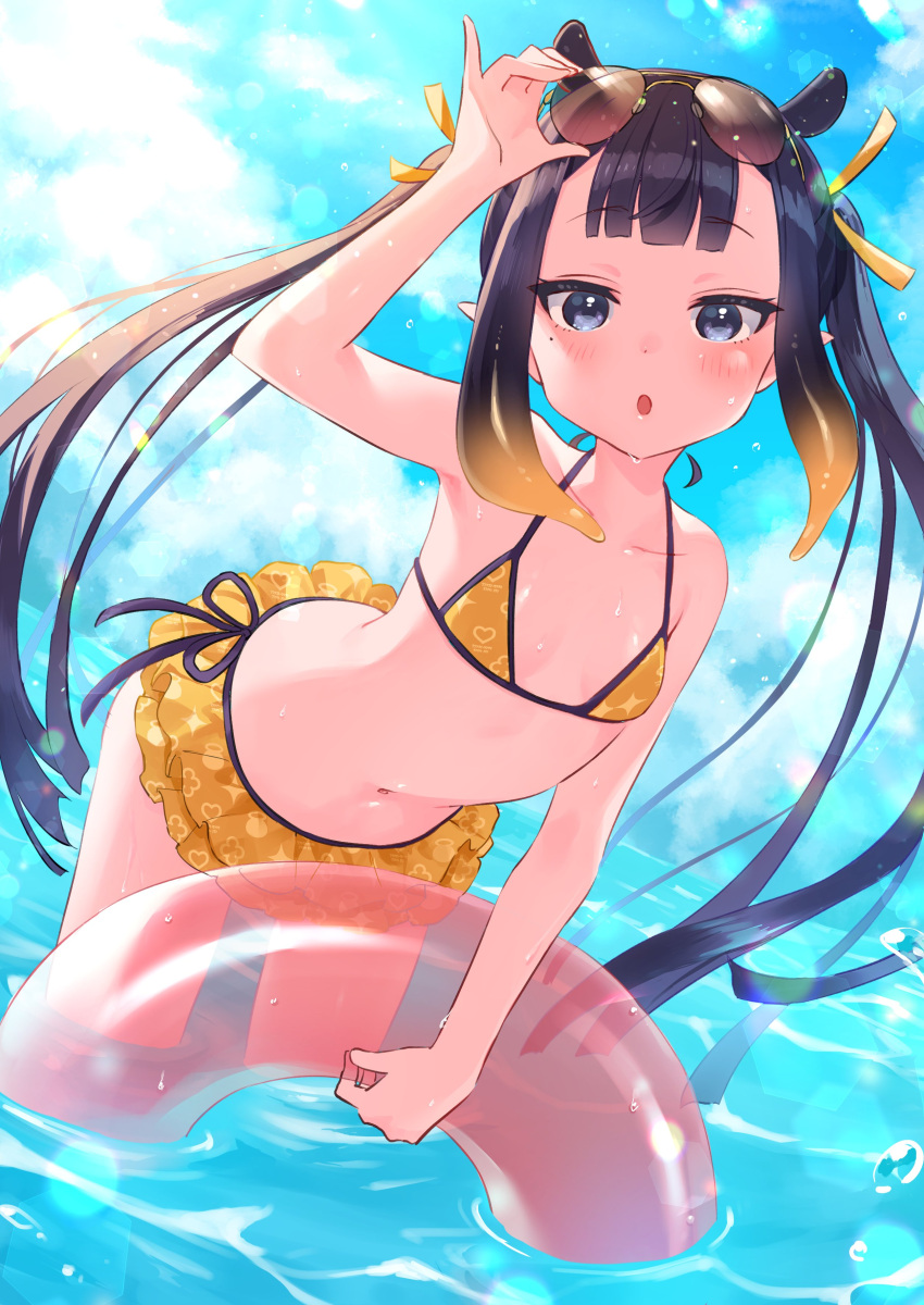 :o absurdres bikini black_hair blue_eyes blue_sky blunt_bangs blush cloud collarbone day eyewear_on_head female flat_chest frilled_bikini frills gradient_hair hair_ribbon highres hololive hololive_english houshou_marine_(artist) long_hair looking_at_viewer mole mole_under_eye multicolored_hair navel ninomae_ina'nis orange_hair partially_submerged pointy_ears ribbon sidelocks sky solo sunglasses swimsuit tentacle_hair twintails very_long_hair virtual_youtuber wet yellow_bikini yellow_ribbon