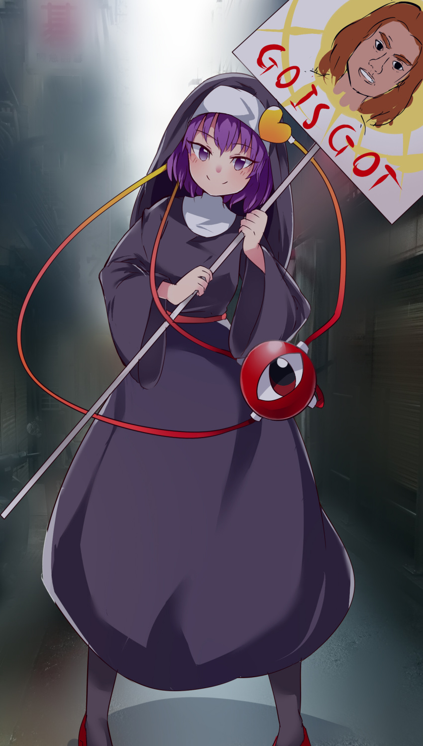 absurdres black_dress black_pantyhose blush closed_mouth commentary_request cookie_(touhou) dress eyeball female full_body go_(inmu) habit heart highres holding holding_sign komeiji_satori long_sleeves looking_at_viewer manatsu_no_yo_no_inmu mashiroma_zenima nun pantyhose purple_eyes purple_hair red_eyes red_footwear short_hair sign smile solo standing third_eye touhou wide_sleeves yumekamaborosh