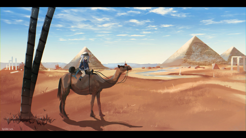 advarcher blue_hair camel cloud commentary day desert egypt egyptian female fins fish_tail gawr_gura gawr_gura_(1st_costume) great_pyramid_of_giza highres hololive hololive_english letterboxed light_blue_hair lolicon outdoors palm_tree pyramid_(structure) river scenery shark_tail signature sky solo tail tree virtual_youtuber