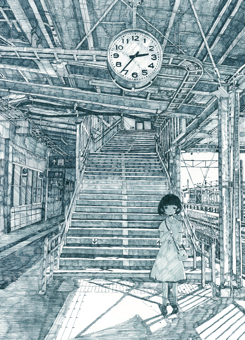 absurdres arrow_(symbol) bag clock crosshatching female hatching_(texture) highres looking_at_viewer monochrome no_nose original railroad_tracks shadow shihatsu-chan_(densya_t) shoes short_hair short_sleeves shoulder_bag solo stairs tactile_paving train_station train_station_platform