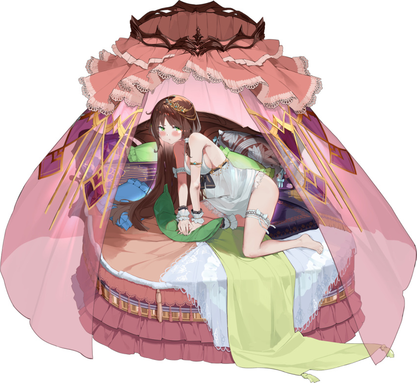 ark_order arm_strap armlet armpits artist_request bare_shoulders barefoot bed bed_sheet black_bow bow breasts brown_hair camisole curtains female frilled_cuffs full_body green_eyes large_breasts long_hair looking_at_viewer official_art on_bed pillow pout princess_and_the_pea princess_and_the_pea_(ark_order) round_bed sideboob sidelocks solo thigh_bow thigh_strap tiara transparent_background variant_set very_long_hair white_bow white_camisole wrist_cuffs