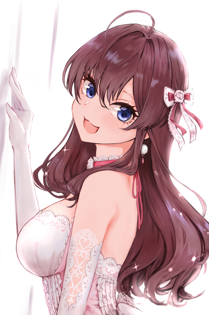 absurdres against_wall ahoge bad_id bad_twitter_id blue_eyes bow breasts bride brown_hair choker dress elbow_gloves embroidery female frills gloves hairbow highres ichinose_shiki idolmaster idolmaster_cinderella_girls idolmaster_cinderella_girls_starlight_stage lamp_p9 looking_at_viewer strapless strapless_dress tube_dress