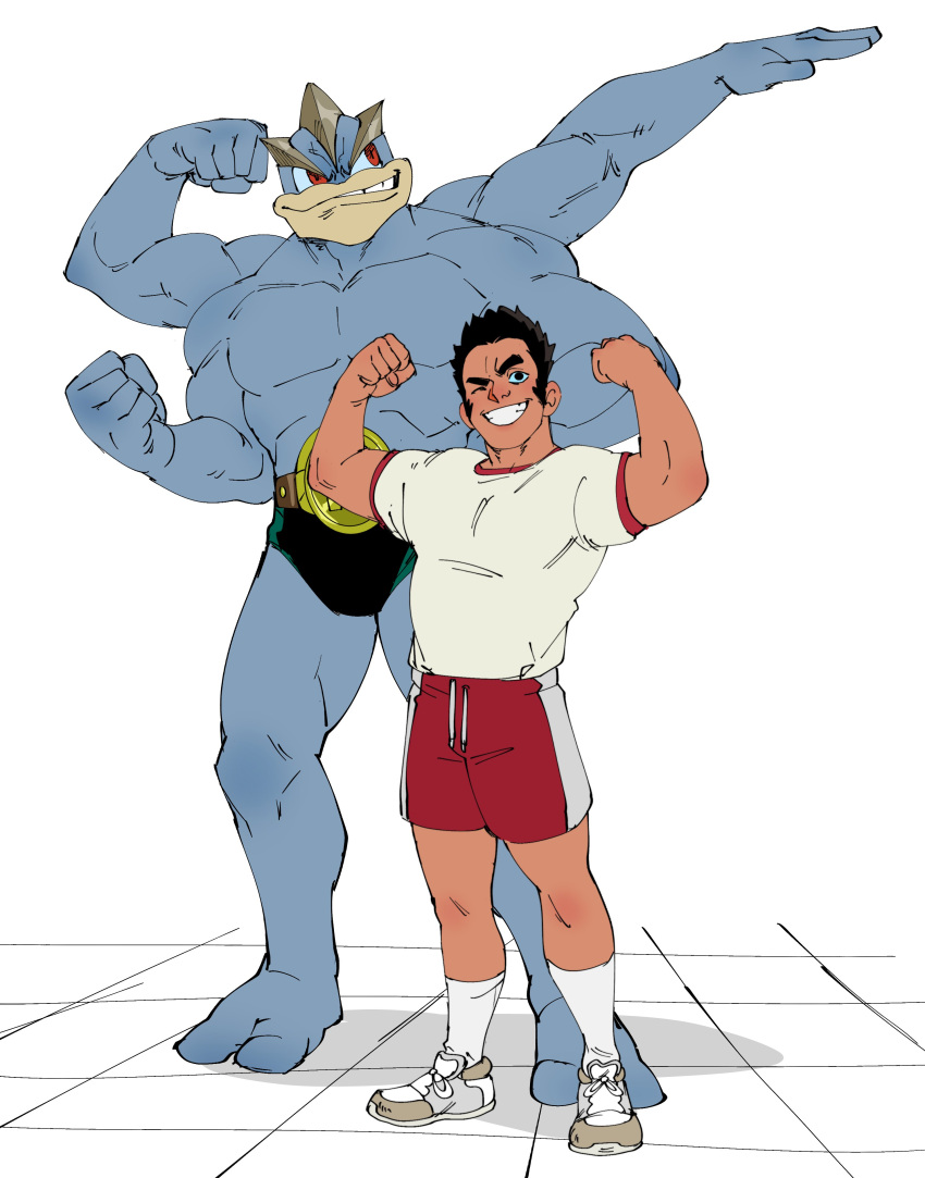 1boy :d absurdres bara crossover flexing full_body gouda_musashi grin highres large_pectorals long_sideburns machamp male_focus matty_(radicallymaxton) mob_psycho_100 muscular muscular_male pectorals pokemon pokemon_(creature) pose red_shorts shirt short_hair shorts sideburns smile standing thick_eyebrows white_shirt