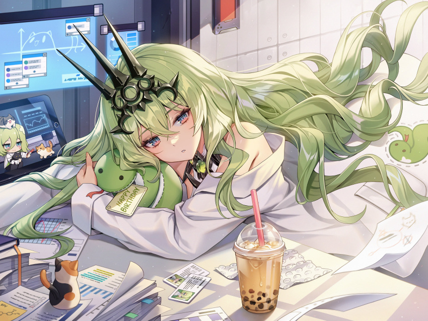 absurdres bare_shoulders blue_eyes bubble_tea computer desk doll_hug female green_hair happy_birthday highres honkai_(series) honkai_impact_3rd klein_(honkai_impact) labcoat laptop long_hair looking_at_viewer mobius_(honkai_impact) object_hug off_shoulder slit_pupils solo stuffed_snake tiara tomogy very_long_hair