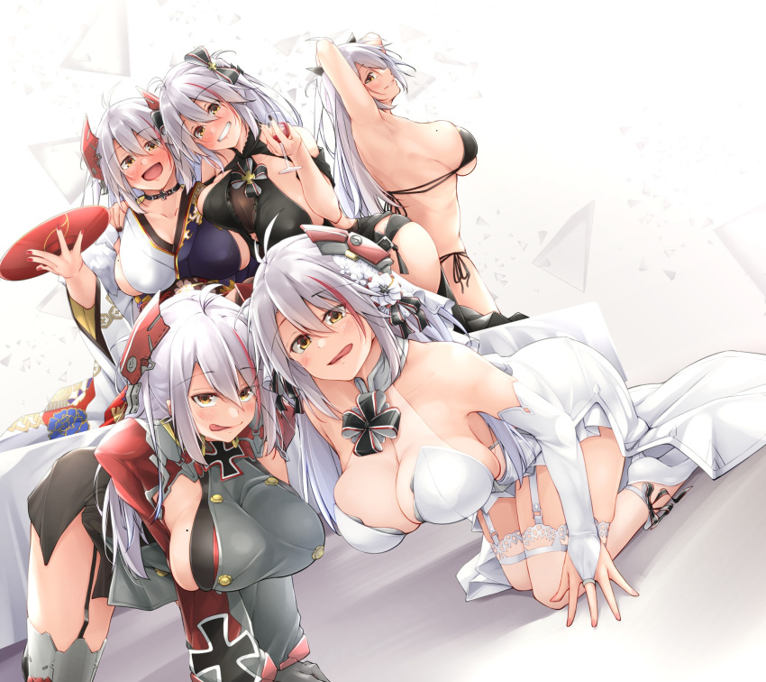 5girls :p all_fours antenna_hair armpits arms_behind_head azur_lane bikini black_bikini black_choker black_dress black_garter_straps blush breasts bridal_gauntlets bridal_veil choker clothing_cutout cross cup dress drunk from_side garter_straps gloves grey_gloves grey_hair headgear highres iron_cross japanese_clothes kimono long_hair looking_at_viewer mole mole_on_breast multicolored_clothes multicolored_hair multicolored_kimono multiple_girls multiple_persona official_alternate_costume open_mouth oriue_wato prinz_eugen_(azur_lane) prinz_eugen_(cordial_cornflower)_(azur_lane) prinz_eugen_(profusion_of_flowers)_(azur_lane) prinz_eugen_(symphonic_fate)_(azur_lane) prinz_eugen_(unfading_smile)_(azur_lane) red_hair sakazuki see-through shoulder_cutout side-tie_bikini_bottom sideboob sideless_kimono simple_background sleeveless sleeveless_dress streaked_hair swimsuit tongue tongue_out two-tone_hair underboob v_arms veil wedding_dress white_background white_dress