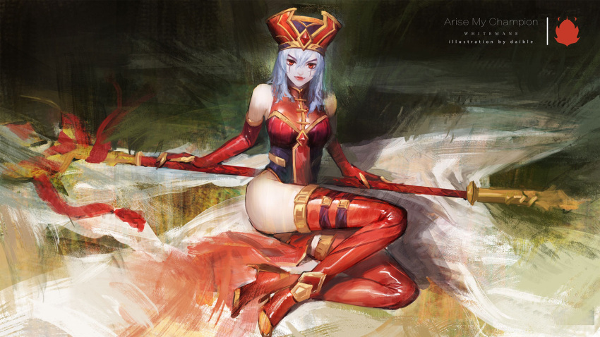 boots daible elbow_gloves female gloves gold_trim hat highres human_(warcraft) leotard medium_hair red_eyes red_thighhighs sally_whitemane solo staff thighhighs thighs warcraft white_hair world_of_warcraft