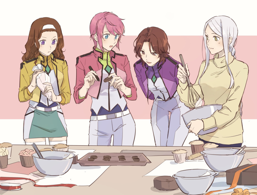 4girls baking baking_sheet blue_eyes bow breasts brown_hair celestial_being_uniform commentary feldt_grace forehead gundam gundam_00 gundam_00_a_wakening_of_the_trailblazer hairband highres holding holding_bow_(ornament) holding_pastry_bag jacket leaning_forward light_blush marie_parfacy medium_breasts mileina_vashti mixing_bowl multiple_girls nanao_parakeet open_mouth pastry_bag pink_hair purple_eyes short_hair sumeragi_lee_noriega sweater symbol-only_commentary v-shaped_eyebrows white_hair white_hairband yellow_eyes yellow_sweater