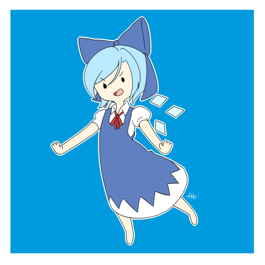 absurdres adventure_time blue_background blue_dress blue_hair blue_ribbon border cirno commentary detached_wings dress farrel_kb female happy highres ice necktie open_mouth parody ribbon signature simple_background smile solid_oval_eyes solo touhou v-shaped_eyebrows white_border wings