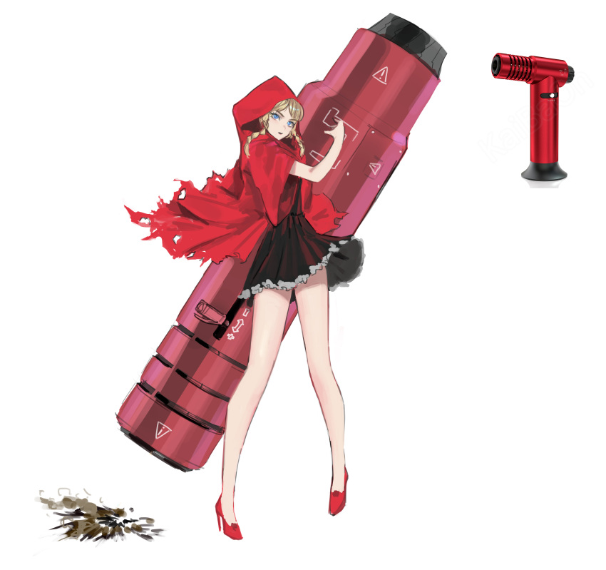 absurdres adapted_weapon black_dress blonde_hair blowtorch blue_eyes braid cape dress female full_body high_heels highres hood hood_up hooded_cape hoodie huge_weapon little_red_riding_hood little_red_riding_hood_(grimm) long_legs medium_hair nauj_k personification red_cape red_footwear red_hoodie reference_inset short_dress solo stiletto_heels twin_braids weapon weapon_on_back