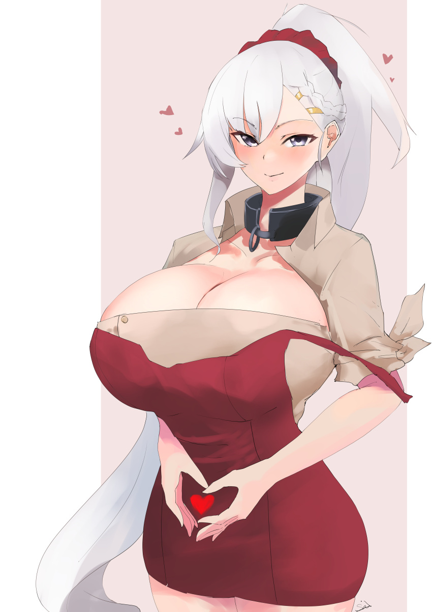 absurdres azur_lane belfast_(azur_lane) belfast_(piping-hot_perfection)_(azur_lane) blue_eyes braid breasts brown_shirt cleavage cleavage_cutout closed_mouth clothing_cutout collar commentary_request cowboy_shot dress female hair_ornament hair_scrunchie heart heart_hands highres huge_breasts kasumi_saika long_hair looking_at_viewer metal_collar official_alternate_costume red_dress red_scrunchie scrunchie shirt simple_background solo strap_slip tsurime very_long_hair white_hair