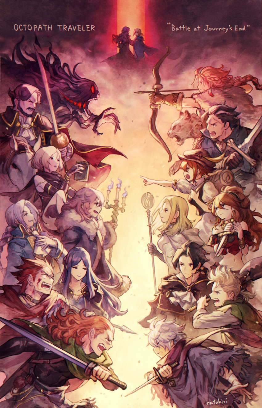 6+boys 6+girls alfyn_greengrass animal ascot axe backpack bag beard blonde_hair blue_coat book bow_(weapon) braid brooch candle candlestand cape choker coat commentary_request cyrus_albright dagger darius_(octopath_traveler) drawing_bow english_text esmeralda_(octopath_traveler) everyone facial_hair fur-trimmed_coat fur_trim green_cape h'aanit_(octopath_traveler) hat highres holding holding_axe holding_book holding_bow_(weapon) holding_dagger holding_knife holding_staff holding_sword holding_weapon jewelry kit_crossford knife leopard linde_(octopath_traveler) long_hair looking_at_another looking_back lucia_(octopath_traveler) lyblac_(octopath_traveler) mattias_(octopath_traveler) miguel_(octopath_traveler) monster multiple_boys multiple_girls octopath_traveler octopath_traveler_i olberic_eisenberg open_mouth ophilia_clement parted_lips ponytail primrose_azelhart purple_hair purple_scarf red_eyes redeye_(octopath_traveler) satou_kivi scarf short_hair simeon_(octopath_traveler) smile snow_leopard staff sword therion_(octopath_traveler) tressa_colzione weapon werner_(octopath_traveler) white_ascot white_hair