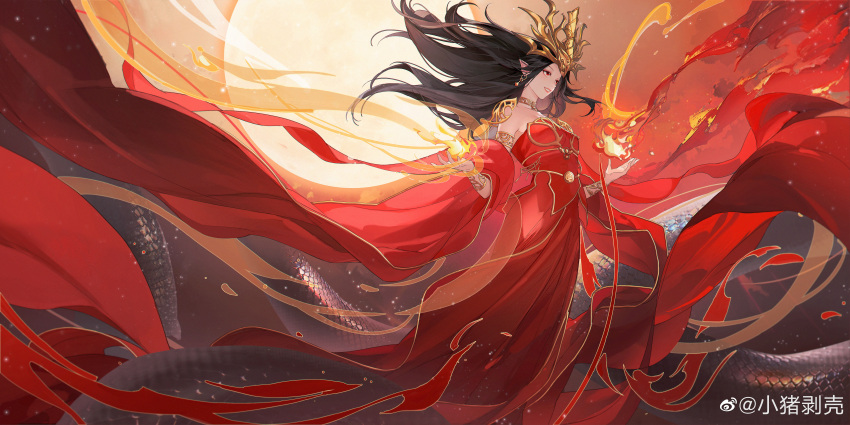 absurdres al_(ahr) bare_shoulders black_hair cai_lin_(doupo_cangqiong) detached_sleeves doupo_cangqiong earrings female floating floating_hair full_body highres jewelry lamia long_sleeves monster_girl open_mouth pointy_ears red_eyes smile solo sun tail teeth tiara