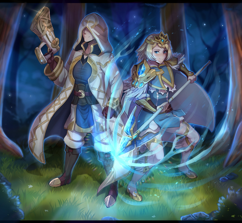 1boy absurdres blonde_hair blue_eyes blue_hair boots breidablik_(fire_emblem) commission evomanaphy female fire_emblem fire_emblem_heroes fjorm_(fire_emblem) forest gun highres holding holding_gun holding_polearm holding_weapon hooded_robe kiran_(fire_emblem) kiran_(male)_(fire_emblem) multicolored_hair nature outdoors polearm robe skirt spear thighhighs tiara two-tone_hair weapon