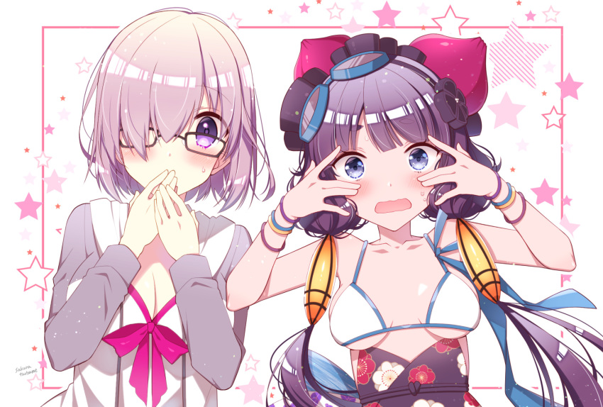 2girls artist_name bikini blue_eyes blush bow bracelet fate/grand_order fate_(series) glasses goggles goggles_on_head hair_over_one_eye highres jewelry katsushika_hokusai_(fate) katsushika_hokusai_(swimsuit_saber)_(fate) low_twintails mash_kyrielight mash_kyrielight_(swimsuit_of_perpetual_summer) multiple_girls official_alternate_costume plum_blossom_print purple_eyes purple_hair sakura_tsubame star_(symbol) starry_background surprised sweat swimsuit twintails