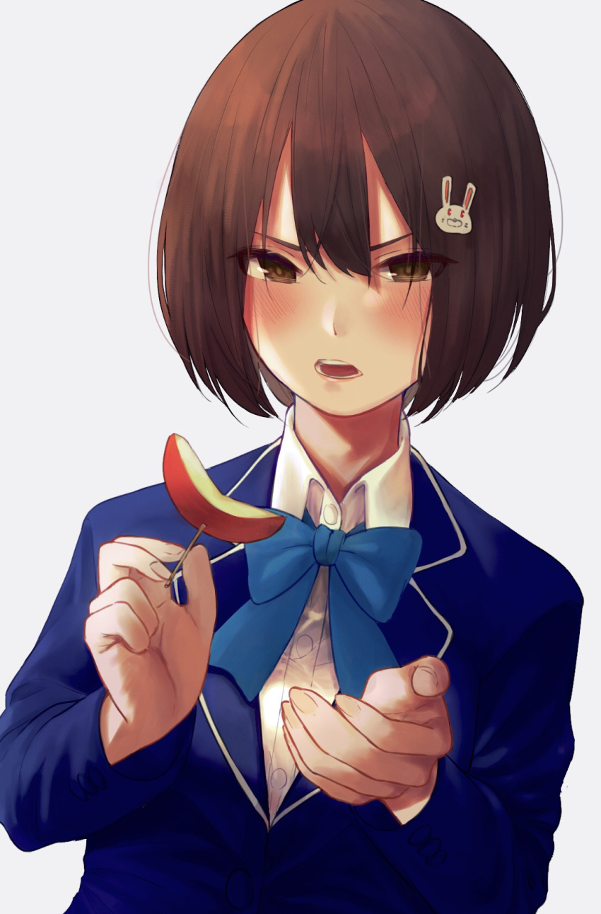 annoyed apple apple_slice bad_id bad_pixiv_id blazer blue_bow blue_bowtie blue_jacket blush bob_cut bow bowtie brown_eyes brown_hair commentary dress_shirt embarrassed feeding female food fruit furrowed_brow hair_between_eyes hair_ornament highres holding holding_food holding_fruit incoming_food jacket kono_bijutsubu_niwa_mondai_ga_aru! long_sleeves looking_at_viewer open_mouth outstretched_arms rabbit_hair_ornament shirt short_hair simple_background solo tsukino_o uniform upper_body usami_mizuki white_shirt