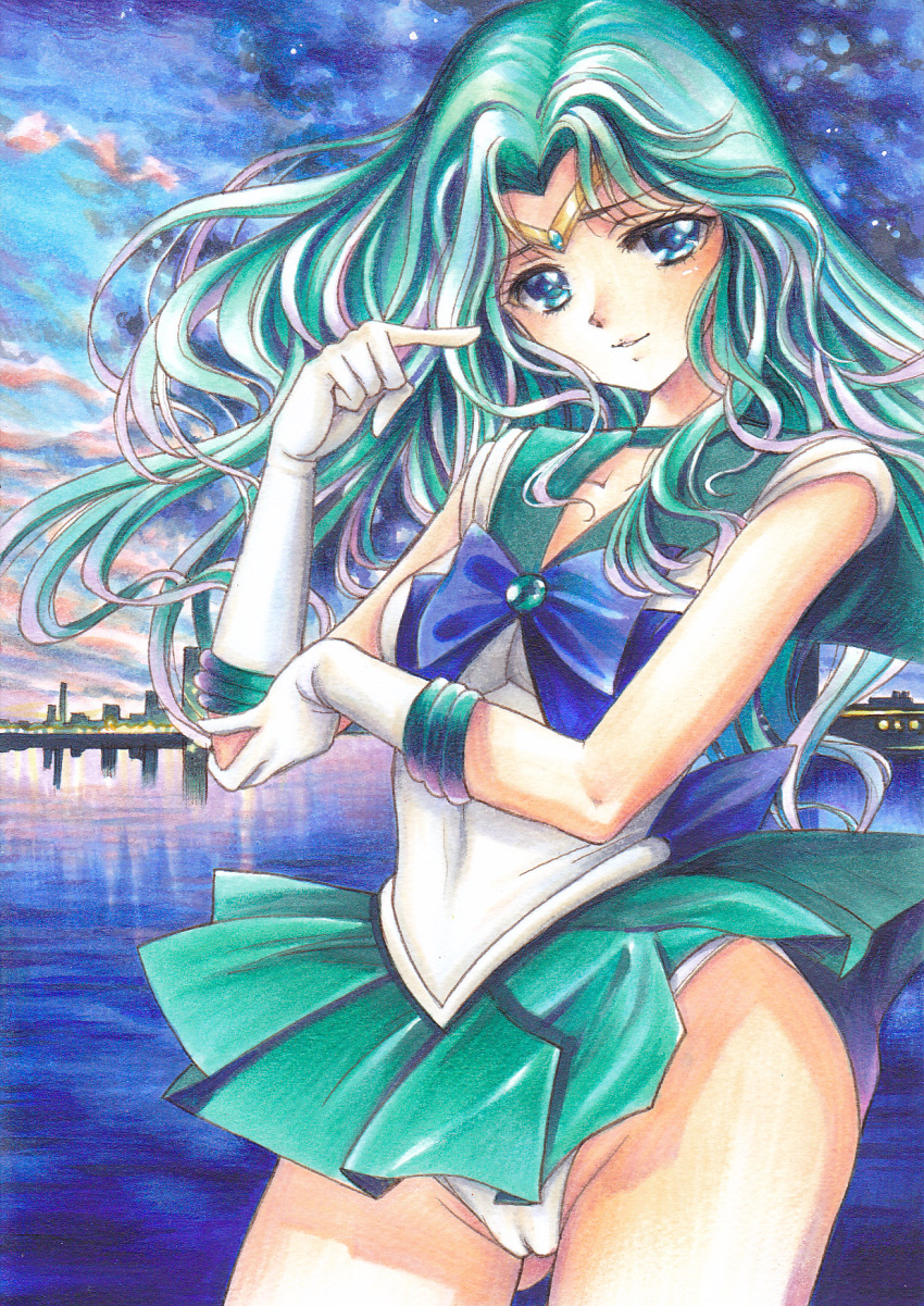 aqua_eyes aqua_hair ass_visible_through_thighs bishoujo_senshi_sailor_moon bow cameltoe choker cityscape cloud collarbone contrapposto dusk female gloves graphite_(medium) highres kaiou_michiru leotard leotard_peek long_hair magical_girl marker_(medium) panties pleated_skirt sailor_collar sailor_neptune sailor_senshi_uniform skirt sky smile solo tomoeri traditional_media underwear upskirt water wind