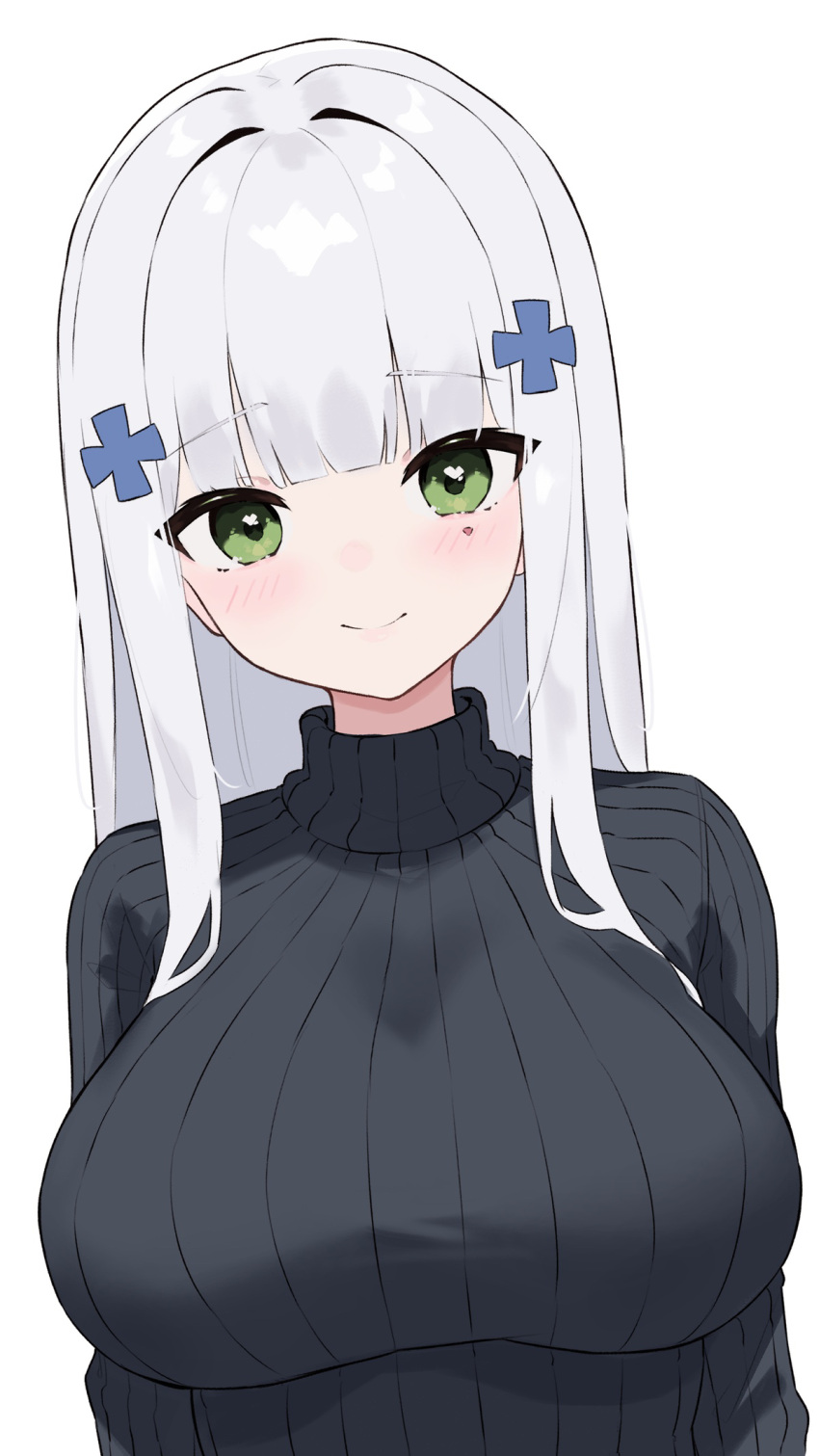 black_sweater blunt_bangs blush breasts cross_hair_ornament female girls'_frontline green_eyes hair_ornament heart heart_in_eye hiepita97 highres hk416_(girls'_frontline) impossible_clothes impossible_sweater large_breasts long_hair looking_at_viewer simple_background solo sweater symbol_in_eye upper_body white_background white_hair