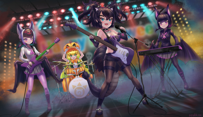 4girls absurdres alternate_design animal_ears aqua_eyes armband arms_up artist_name ascot band bare_shoulders bat_ears bat_girl bat_wings big_hair black_hair blonde_hair bone_necklace center_frills cerberus_(kemono_friends) closed_mouth collar commentary common_vampire_bat_(kemono_friends) concert cutoffs drum drum_set drumsticks dual_persona dutch_angle elbow_gloves electric_guitar english_commentary extra_ears fang_out fender_musical_instruments_corporation fender_stratocaster fingerless_gloves frills full_body gloves glowing glowing_hair grin guitar halloween hand_up head_wings highres holding holding_drumsticks holding_microphone instrument jack-o'-lantern_(kemono_friends) japari_symbol kemono_friends keyboard_(instrument) left-handed long_hair long_sleeves looking_at_viewer medium_hair microphone microphone_stand miniskirt multicolored_hair multiple_girls music neukkom oerba_yun_fang open_mouth pantyhose pantyhose_under_shorts parted_bangs pumpkin_hat purple_eyes purple_hair scar scar_across_eye scar_on_face shirt shorts sidelocks singing skirt smile smoke spiked_collar spikes stage standing stomach strapless tail truss tube_top very_long_hair wings