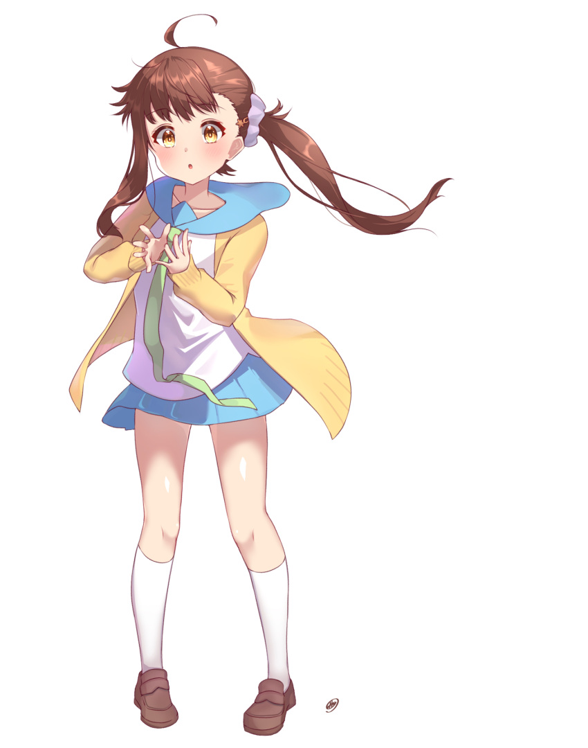 :o ahoge blue_scrunchie blue_skirt blush bonyari_high_school_uniform brown_eyes brown_footwear brown_hair brown_jacket closed_mouth collarbone commentary_request female full_body grey_background hair_ornament hair_scrunchie hairclip hands_up highres jacket kneehighs legs_apart loafers long_hair long_sleeves looking_at_viewer miniskirt necktie nisekoi onodera_haru open_clothes open_jacket open_mouth own_hands_together pleated_skirt sailor_collar school_uniform scrunchie shirt shoes side_ponytail simple_background skirt smile socks solo standing take_(user_ypzx8253) white_background white_shirt white_socks