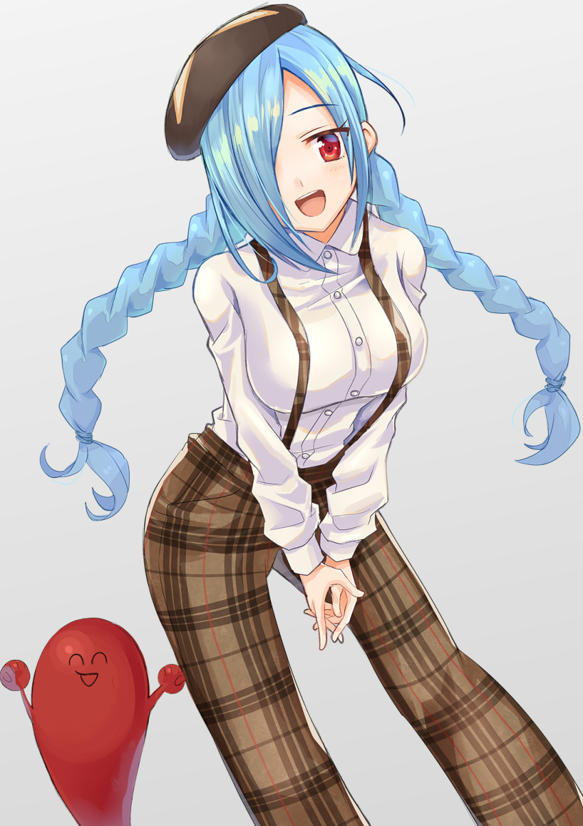 .live :d beret black_hat blue_hair braid breasts brown_pants collared_shirt commentary_request dress_shirt female grey_background hair_over_one_eye hat highres leaning_forward long_hair long_sleeves low_twintails medium_breasts okiru open_mouth own_hands_together pants plaid plaid_pants red_eyes shirt simple_background smile solo standing suspenders tilted_headwear twin_braids twintails very_long_hair virtual_youtuber white_shirt yamato_iori