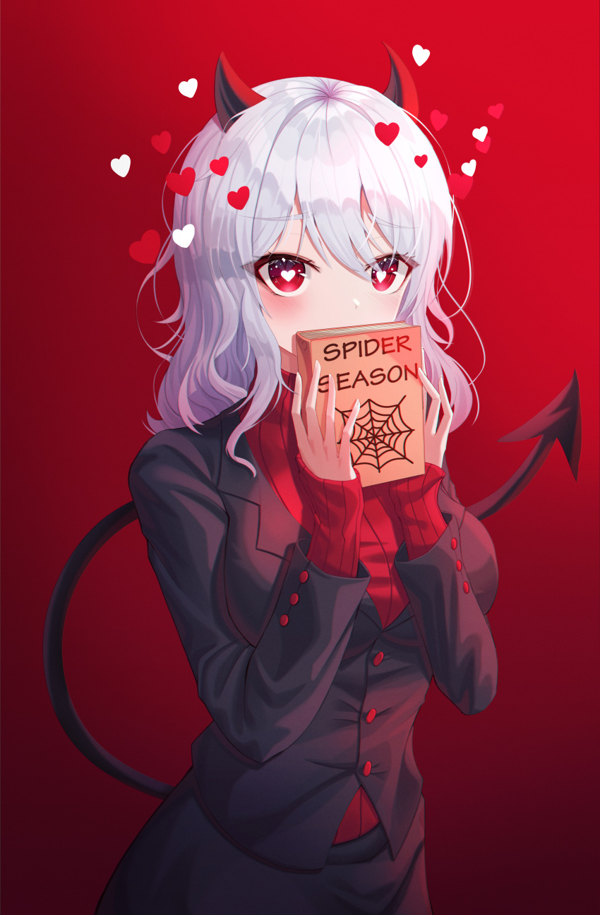 absurdres black_jacket black_skirt blush book breasts bright_pupils covering_own_mouth cowboy_shot demon_girl demon_horns demon_tail english_text female gradient_background grey_hair heart helltaker highres holding holding_book horns jacket long_hair long_sleeves looking_at_viewer medium_breasts modeus_(helltaker) official_style red_background red_eyes red_sweater ryon_y0421 skirt sleeves_past_wrists solo sweater tail