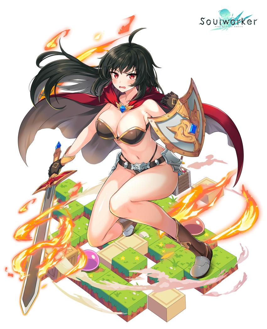 absurdres ahoge armor bare_arms bare_shoulders belt bikini bikini_armor black_hair boots breasts cape cleavage faulds female fire floating_hair frown full_body gold_trim highleg highleg_bikini highres holding holding_shield holding_sword holding_weapon iris_yuma large_breasts long_hair looking_at_viewer maett navel official_art open_mouth red_eyes revealing_clothes shield solo soulworker stomach strapless strapless_bikini string_bikini swimsuit sword thighs v-shaped_eyebrows wavy_mouth weapon