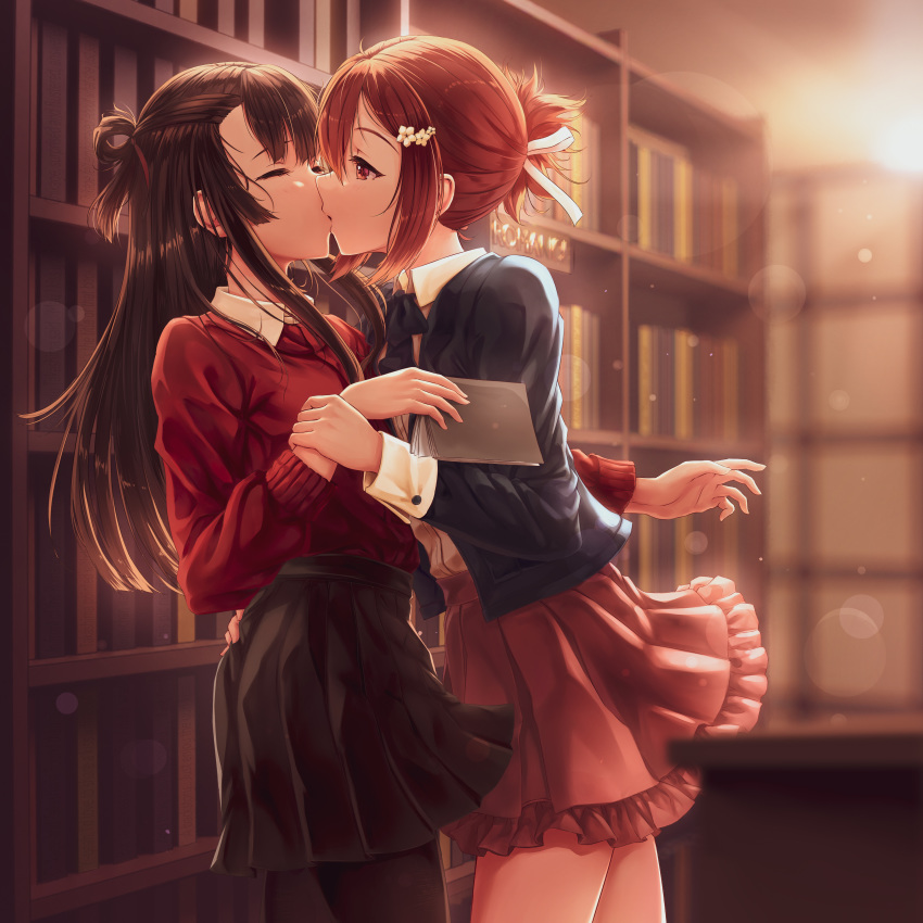 2girls absurdres black_hair black_jacket black_ribbon black_skirt book bookshelf brown_hair closed_eyes collared_shirt commentary cowboy_shot english_commentary flower french_kiss frilled_skirt frills hair_flower hair_ornament hair_rings highres holding holding_another's_wrist holding_book indoors itaro jacket kissing koori_chikage lens_flare library long_hair looking_at_another miniskirt multiple_girls neck_ribbon nogi_wakaba_wa_yuusha_de_aru open_clothes open_jacket pantyhose photoshop_(medium) pleated_skirt red_eyes red_sweater ribbon shirt short_hair short_ponytail sidelocks skirt sweater takashima_yuuna very_long_hair white_shirt yellow_flower yuri yuusha_de_aru