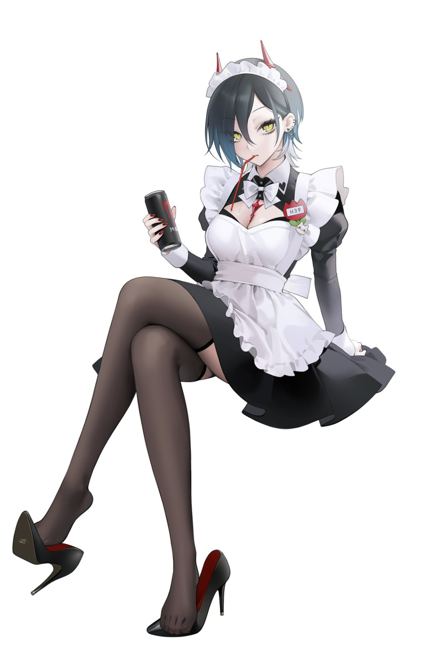 arm_support azur_lane bad_id bad_twitter_id black_footwear black_hair black_thighhighs bow bowtie breasts can cleavage clothing_cutout colored_shoe_interior crossed_legs drinking_straw ear_piercing extreme_dangling fake_horns feet female high_heels highres holding holding_can horns long_sleeves looking_at_viewer maid maid_headdress medium_breasts mouth_hold nail_polish official_alternate_costume ohisashiburi piercing puffy_sleeves red_nails shoe_dangle short_hair sitting solo stiletto_heels teeth_hold thighhighs toes ulrich_von_hutten_(azur_lane) ulrich_von_hutten_(mayhem_maid)_(azur_lane) white_background white_bow white_bowtie yellow_eyes