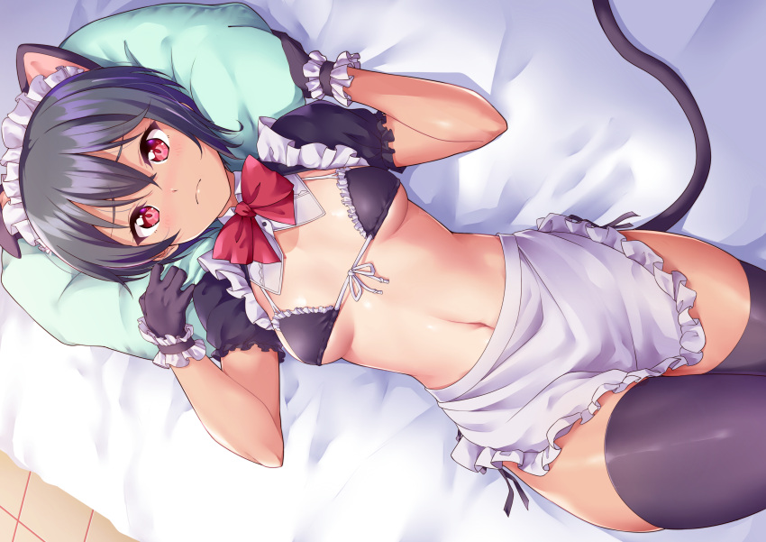 animal_ears apron bikini_top black_hair blush catgirl dark_skin headband kanabun maid navel original red_eyes short_hair tail thighhighs