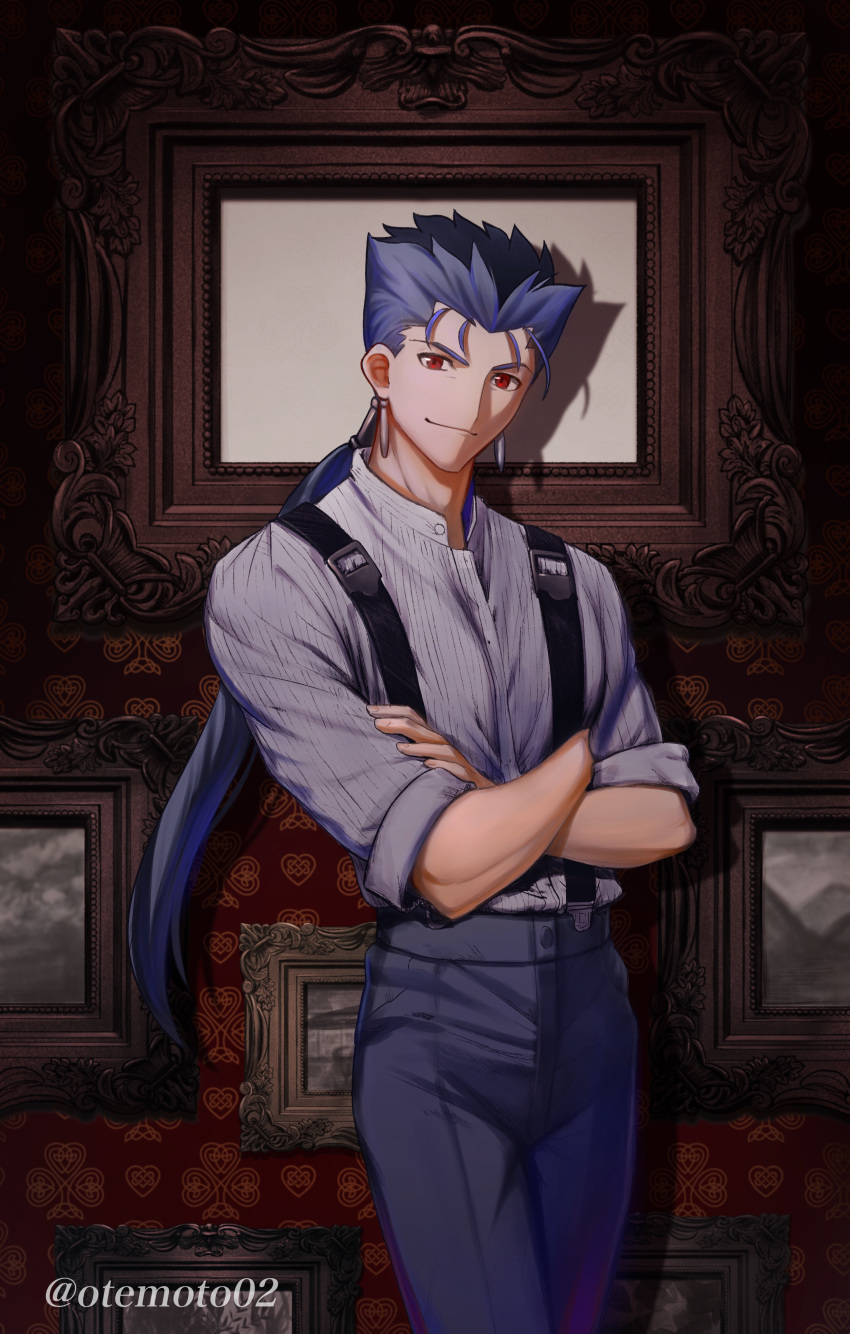 1boy absurdres alternate_costume artist_name blue_hair cowboy_shot crossed_arms cu_chulainn_(fate) cu_chulainn_(fate/stay_night) earrings fate/grand_order fate/stay_night fate_(series) formal highres jewelry light long_hair looking_at_viewer male_focus moto_(otemoto02) open_clothes open_shirt pants picture_frame ponytail red_eyes shadow smile solo standing strap takeuchi_takashi_(style)