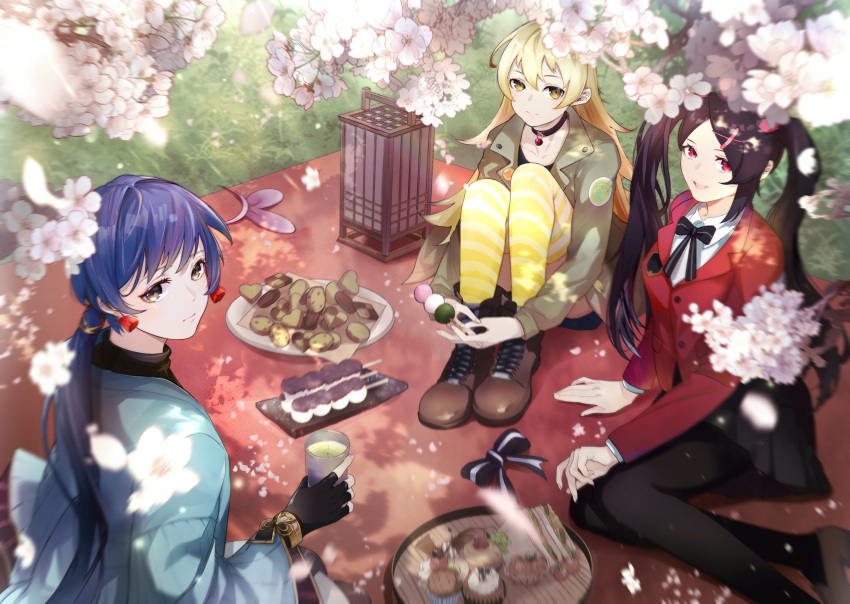 3girls black_bow black_choker black_gloves black_legwear black_shirt black_skirt blonde_hair blue_jacket boots bow brown_eyes brown_footwear choker collarbone collared_shirt cookie fingerless_gloves food gloves hair_behind_ear highres iono_(iono_kei) iori_(smc) jacket long_hair low_ponytail mila_(smc) multiple_girls ning_(smc) open_mouth picnic plate red_jacket school_uniform shirt sitting skindentation skirt smile super_mecha_champions thighhighs twintails white_shirt yellow_eyes yellow_legwear