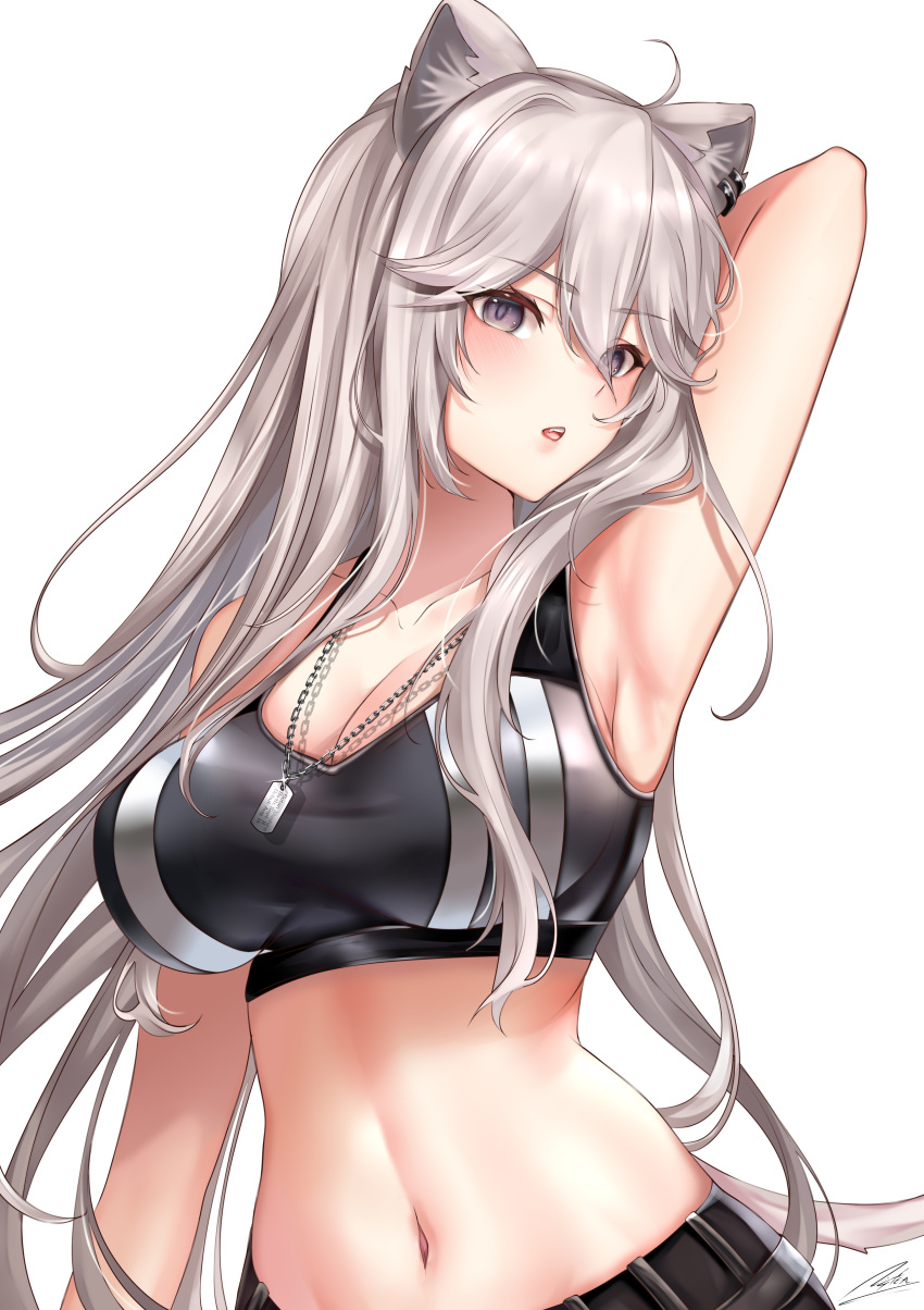 absurdres ahoge animal_ears arm_behind_head arm_up armpits black_sports_bra breasts cleavage commentary dog_tags female grey_eyes grey_hair hair_between_eyes highres hololive large_breasts lion_ears lion_girl long_hair midriff navel nyctea_snow official_alternate_costume official_alternate_hairstyle open_mouth revision shishiro_botan shishiro_botan_(button-down) signature solo sports_bra tail upper_body very_long_hair virtual_youtuber white_background