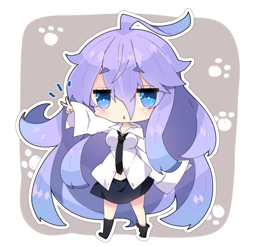 :< black_necktie black_skirt black_socks blue_eyes blue_hair breasts chibi collared_shirt commentary_request dress_shirt female fuyou-chan gradient_hair grey_background hair_between_eyes long_hair medium_breasts milkpanda multicolored_hair necktie no_shoes original outline outstretched_arm parted_lips purple_hair shirt short_eyebrows skirt sleeves_past_wrists socks solo thick_eyebrows triangle_mouth two-tone_background v very_long_hair white_background white_outline white_shirt