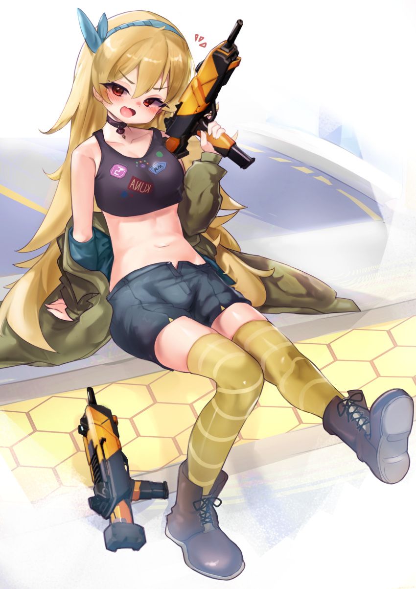 absurdres black_footwear black_tank_top black_thighhighs blonde_hair blue_hairband blue_ribbon blue_shorts blush boots breasts brown_jacket cleavage crop_top english_commentary female gun hair_ribbon hairband highres holding holding_gun holding_weapon jacket long_hair midriff mila_(smc) navel off_shoulder open_mouth red_eyes ribbon shorts sitting small_breasts solo submachine_gun super_mecha_champions tangyitu1 tank_top thighhighs v-shaped_eyebrows very_long_hair weapon