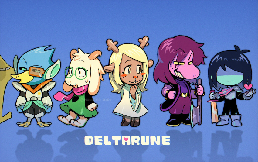 2boys 2girls 2others axe belt berdly_(deltarune) bird black_eyes blue_background blue_skin colored_sclera colored_skin commentary copyright_name deer deltarune freckles grin heart highres horns kris_(deltarune) medium_hair multiple_boys multiple_girls multiple_others nemuken noelle_holiday pants pink_scarf pink_skin purple_hair purple_pants ralsei scarf shaded_face simple_background smile susie_(deltarune) sword the_original_starwalker weapon yellow_sclera