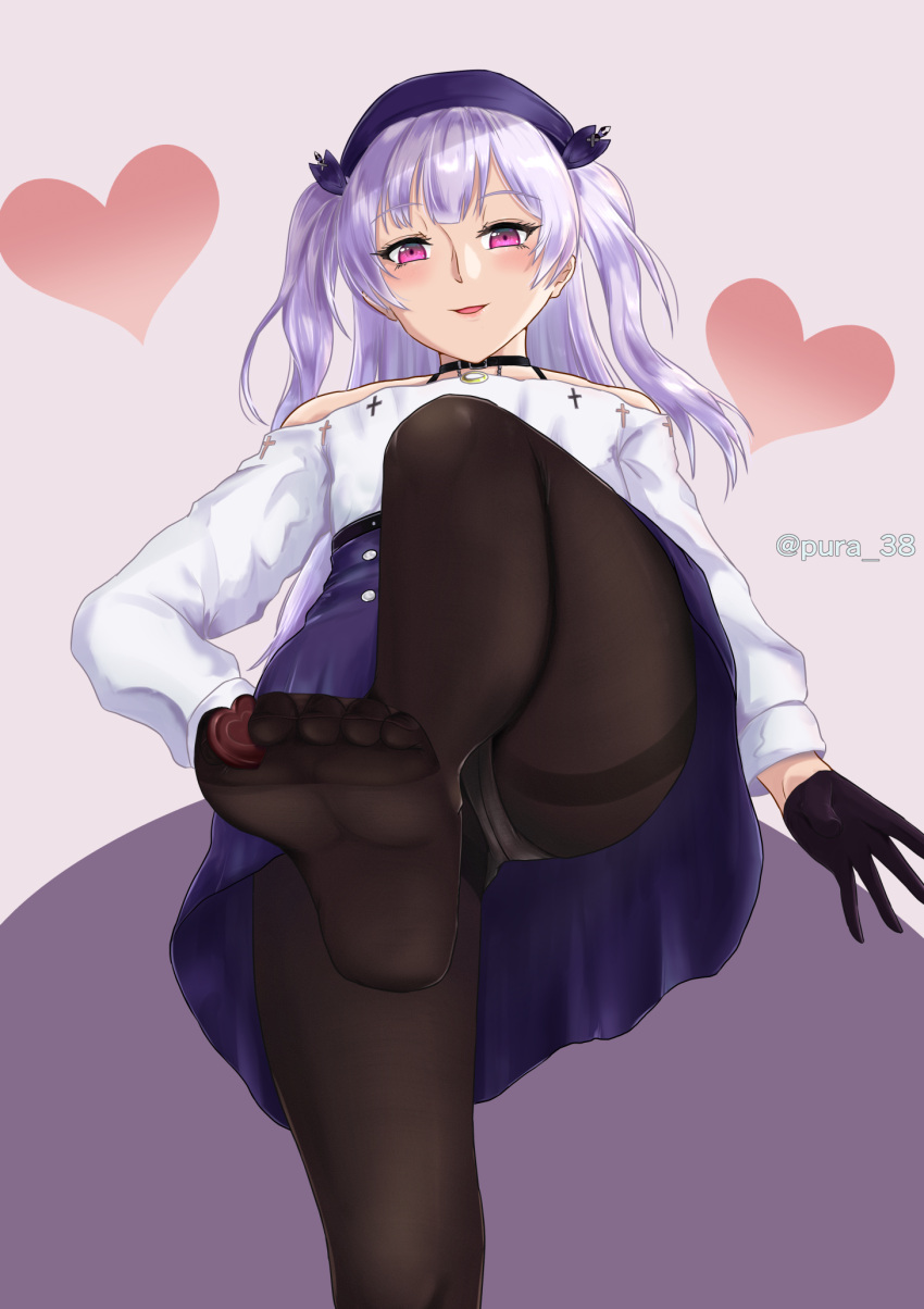 ajax_(azur_lane) ajax_(valentine's_reward?)_(azur_lane) artist_name azur_lane bare_shoulders between_toes black_choker black_gloves black_pantyhose candy chocolate choker crotch_seam dress feet female food foot_focus foot_up foreshortening from_below gloves hand_on_own_hip happy_valentine hat heart heart-shaped_chocolate highres jewelry long_hair looking_at_viewer necklace no_shoes open_mouth panties panties_under_pantyhose pantyhose pura_38 purple_eyes purple_hair purple_hat ring ring_necklace simple_background soles solo standing standing_on_one_leg thighband_pantyhose toes twintails underwear valentine white_panties