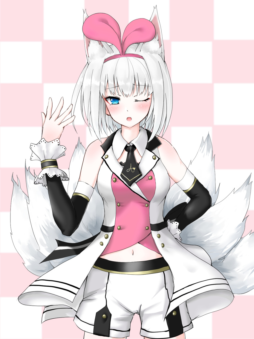 alternate_costume animal_ear_fluff animal_ears azur_lane bare_shoulders black_necktie black_sleeves blue_eyes breasts buttons checkered_background coat commentary_request cosplay crossover detached_sleeves double-breasted female fox_ears hairband highres hokkaidonder kaga_(azur_lane) kitsune kizuna_ai kizuna_ai_(cosplay) kizuna_ai_(elegant) kizuna_ai_inc. kyuubi large_tail looking_at_viewer medium_breasts midriff_peek multicolored_coat multiple_tails navel necktie one_eye_closed pink_background pink_coat pink_hairband shorts solo tail two-tone_background two-tone_coat white_background white_coat white_hair white_shorts white_tail