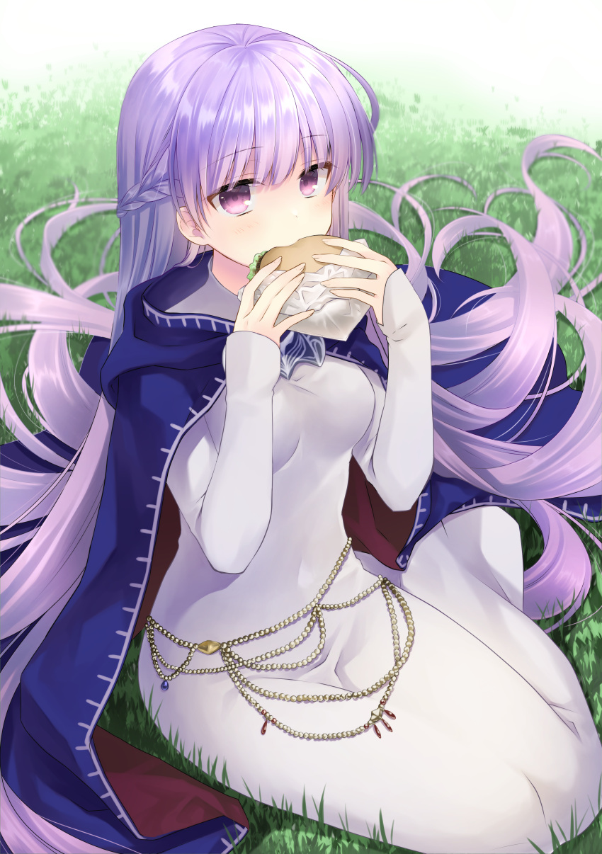 absurdly_long_hair absurdres belly_chain blue_cape blue_dress braid breasts burger cape commission commissioner_upload dated dress eating expressionless female fire_emblem fire_emblem:_the_binding_blade food french_braid fujiwara_minaho grass highres jewelry long_hair medium_breasts navel purple_eyes purple_hair sitting solo sophia_(fire_emblem) very_long_hair