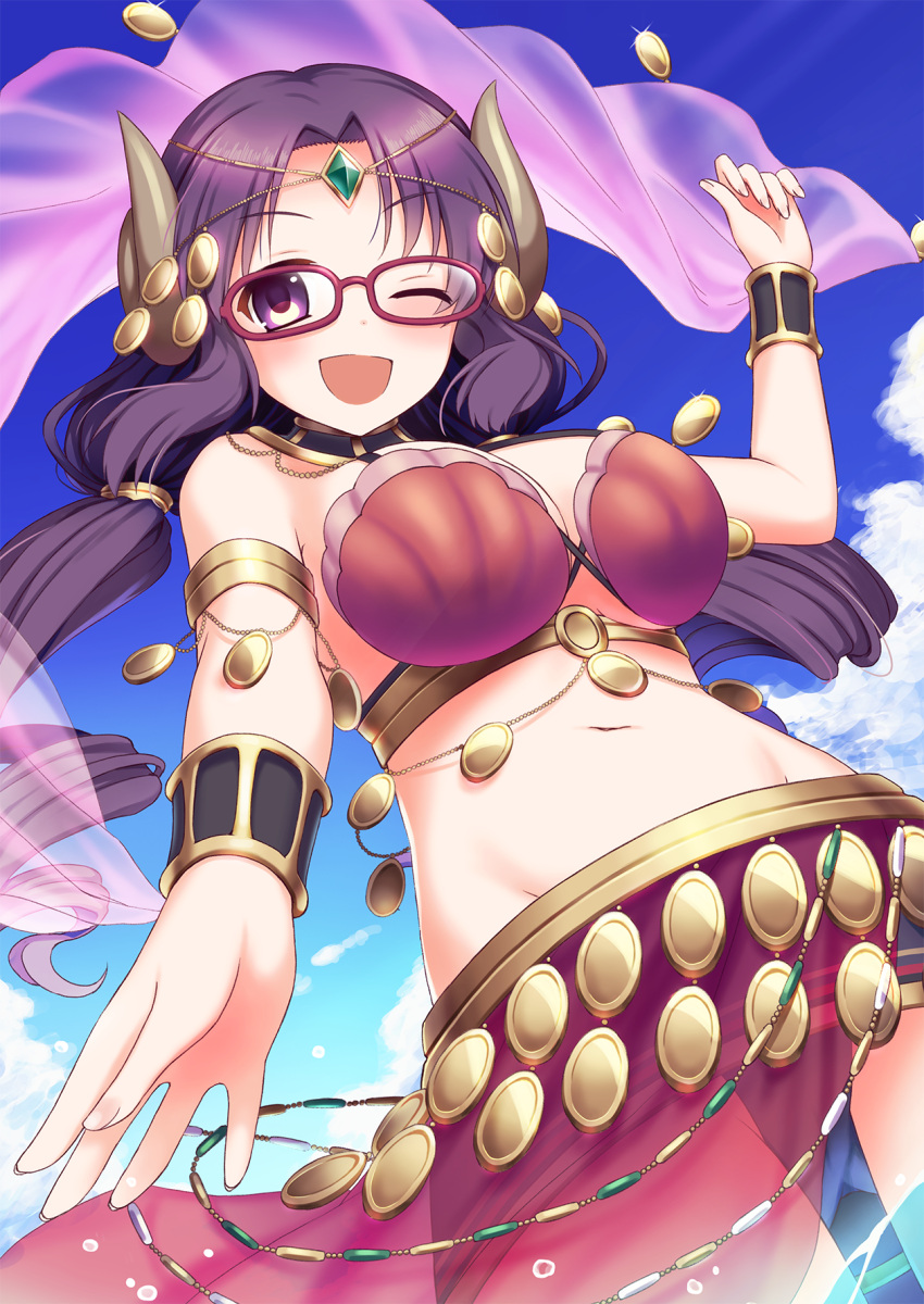 armlet bracelet breasts cloud commentary demon_horns female glasses highres hip_bones horns in_water jewelry kaiba_tomoyuki nanaka_(princess_connect!) nanaka_(summer)_(princess_connect!) navel ocean one_eye_closed open_mouth princess_connect! purple_eyes purple_hair sky solo swimsuit thighs twintails