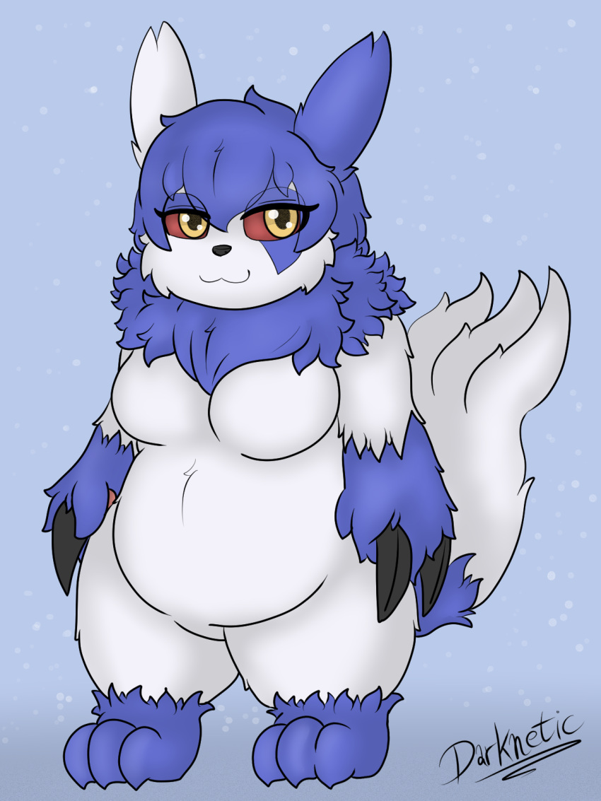 3:4 3_toes amy_the_mystgoose anthro blue_body blue_fur breasts claws clipstudio darknetic digital_media_(artwork) fakemon feet female fluffy fluffy_tail fur generation_3_pokemon generation_6_pokemon happy hi_res hybrid meowstic neck_tuft nintendo pokemon pokemon_(species) red_sclera shaded short_stack simple_background slightly_chubby smile solo tail toes tuft white_body white_fur yellow_eyes zangoose