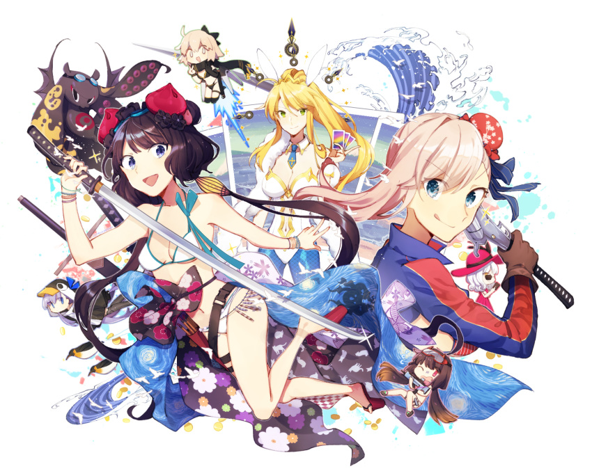 6+girls :q ahoge animal_ears animal_hood animal_print arm_at_side artoria_pendragon_(fate) artoria_pendragon_(swimsuit_ruler)_(fate) bead_bracelet beads belt bikini bird black_belt black_bikini black_bow black_gloves black_hair black_jacket black_scarf black_thighhighs black_wristband blonde_hair blue_jacket blue_necktie blue_pantyhose blue_ribbon bow bracelet brown_gloves bun_cover card carmilla_(fate) carmilla_(swimsuit_rider)_(fate) carmilla_(swimsuit_rider)_(first_ascension)_(fate) cat_print checkered_clothes cherry_blossom_print chibi citrusarjun closed_mouth clothing_cutout coin collar collarbone commentary crown detached_collar double_v dress elbow_gloves fake_animal_ears fate/grand_order fate_(series) feather_boa floral_print flying_sweatdrops geta gloves goggles goggles_on_head gold_trim gradient_hair green_eyes grey_eyes gun hair_bun hair_ribbon hairbow halterneck hands_up hat highres holding holding_card holding_gun holding_sword holding_weapon hood jacket jetpack jewelry kanagawa_okinami_ura katana katsushika_hokusai_(fate) katsushika_hokusai_(swimsuit_saber)_(fate) leg_belt leotard long_hair long_sleeves looking_at_viewer low_twintails meltryllis_(fate) meltryllis_(swimsuit_lancer)_(fate) meltryllis_(swimsuit_lancer)_(first_ascension)_(fate) miyamoto_musashi_(fate) miyamoto_musashi_(swimsuit_berserker)_(fate) miyamoto_musashi_(swimsuit_berserker)_(second_ascension)_(fate) multi-strapped_bikini_bottom multicolored_hair multiple_bracelets multiple_girls multiple_swords navel necktie octopus okita_j._souji_(fate) okita_j._souji_(first_ascension)_(fate) okita_souji_(fate) one_eye_closed open_mouth osakabehime_(fate) osakabehime_(swimsuit_archer)_(fate) osakabehime_(swimsuit_archer)_(second_ascension)_(fate) outstretched_arm pantyhose penguin penguin_hood photo_(object) pink_dress pink_eyes pink_hair pink_headwear playboy_bunny playing_card plum_blossom_print polaroid ponytail popped_collar purple_hair rabbit_ears red_bikini red_footwear ribbon sandals scarf short_hair signature simple_background single_elbow_glove single_hair_bun single_sidelock smile sparkle starry_night_(van_gogh) stomach_cutout striped_bikini striped_clothes sunglasses swimsuit sword tengu-geta thigh_strap thighhighs tokitarou_(fate) tongue tongue_out twintails v vertical-striped_bikini vertical-striped_clothes waves weapon white_background white_bikini white_bird white_collar white_hair white_leotard yellow_eyes