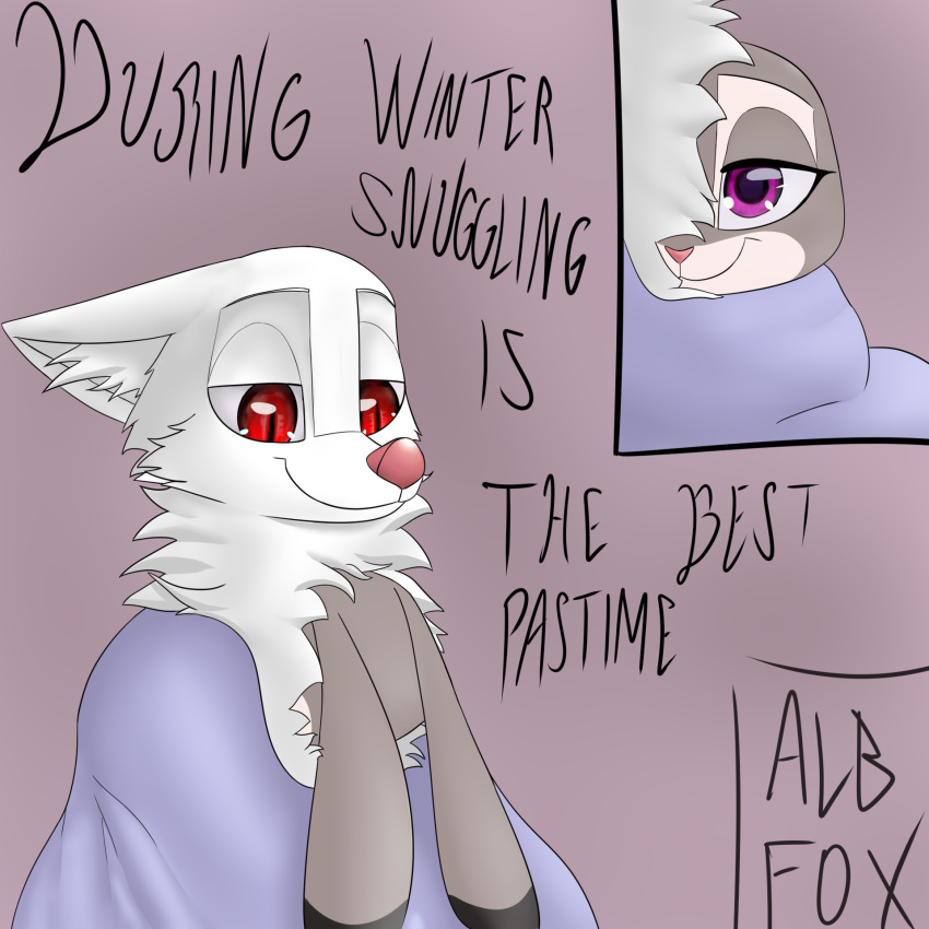 1:1 albinefox anthro bedding blanket canid canine canon_x_oc cuddling disney duo female fluffy fluffy_chest fox fur grey_body grey_fur hi_res inner_ear_fluff judy_hopps lagomorph larger_male leporid male male/female mammal marshmallow_(albinefox) multicolored_body multicolored_fur neck_tuft pink_nose predator/prey purple_eyes rabbit red_eyes signature simple_background size_difference smaller_female smile tuft white_body white_fur zootopia