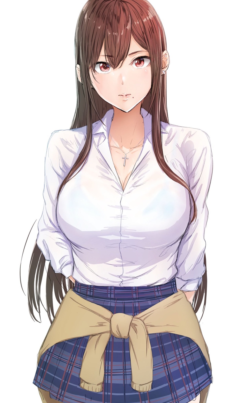 arms_behind_back blue_skirt breasts brown_hair cleavage closed_mouth clothes_around_waist collarbone cowboy_shot cross cross_necklace ear_piercing female hair_between_eyes highres jewelry ken-1 large_breasts long_hair long_sleeves looking_at_viewer mole mole_under_mouth nazuna_(kajitsu) necklace original piercing plaid plaid_skirt red_eyes shirt skirt solo sweater sweater_around_waist white_background white_shirt