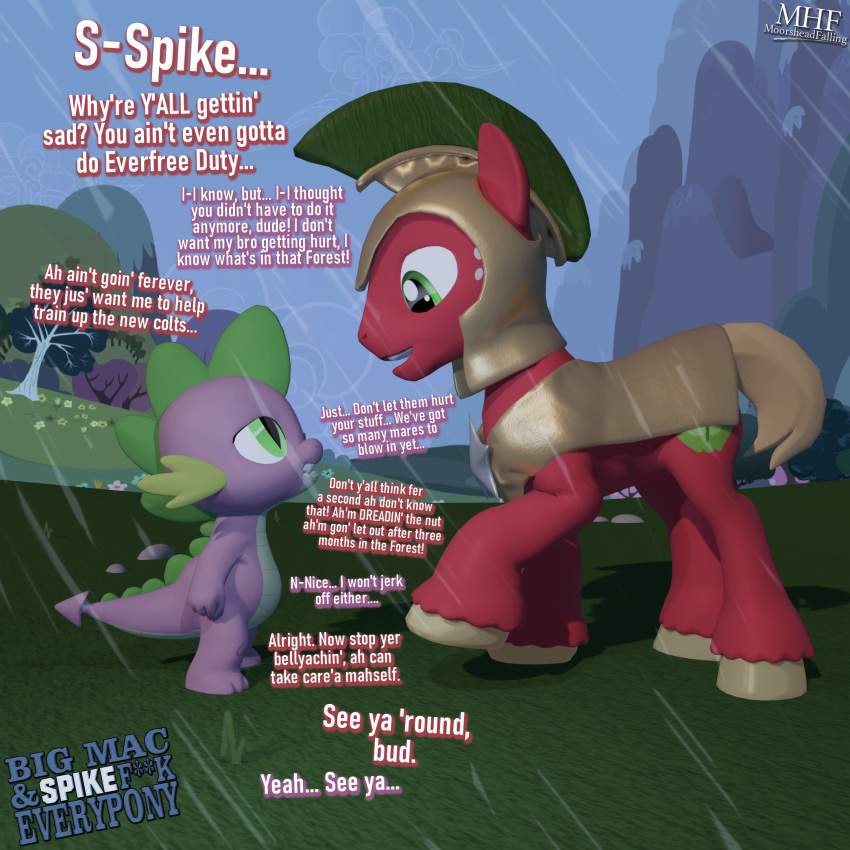 1:1 3d_(artwork) anthro armor big_macintosh_(mlp) cutie_mark dialogue digital_media_(artwork) dragon duo english_text equid equine feral fetlocks freckles friendship_is_magic green_eyes hasbro hi_res horse looking_down looking_up male mammal moorsheadfalling my_little_pony mythological_creature mythological_scalie mythology pony purple_body raining red_body sad scalie spike_(mlp) tail text