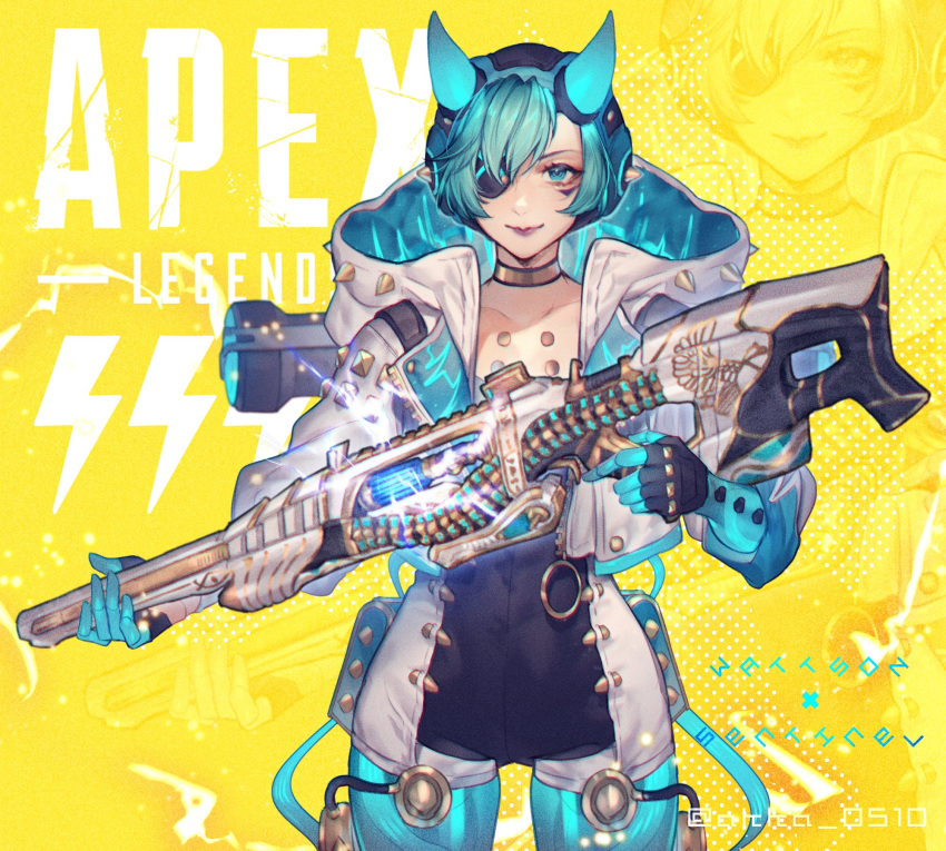 alternate_costume animification apex_legends blue_hair bodysuit breasts character_name choker closed_mouth collarbone commentary_request copyright_name cowboy_shot cyber_punked_wattson cyberpunk eyelashes eyepatch facial_tattoo female green_eyes green_hair gun helmet highres holding holding_weapon hood hood_down hooded_jacket horns jacket lipstick long_sleeves looking_at_viewer makeup mascara mizutama_(mao11260510) oni_horns purple_lips rifle sentinel_esr short_hair sniper_rifle solo standing tattoo trigger_discipline twitter_username wattson_(apex_legends) weapon yellow_background