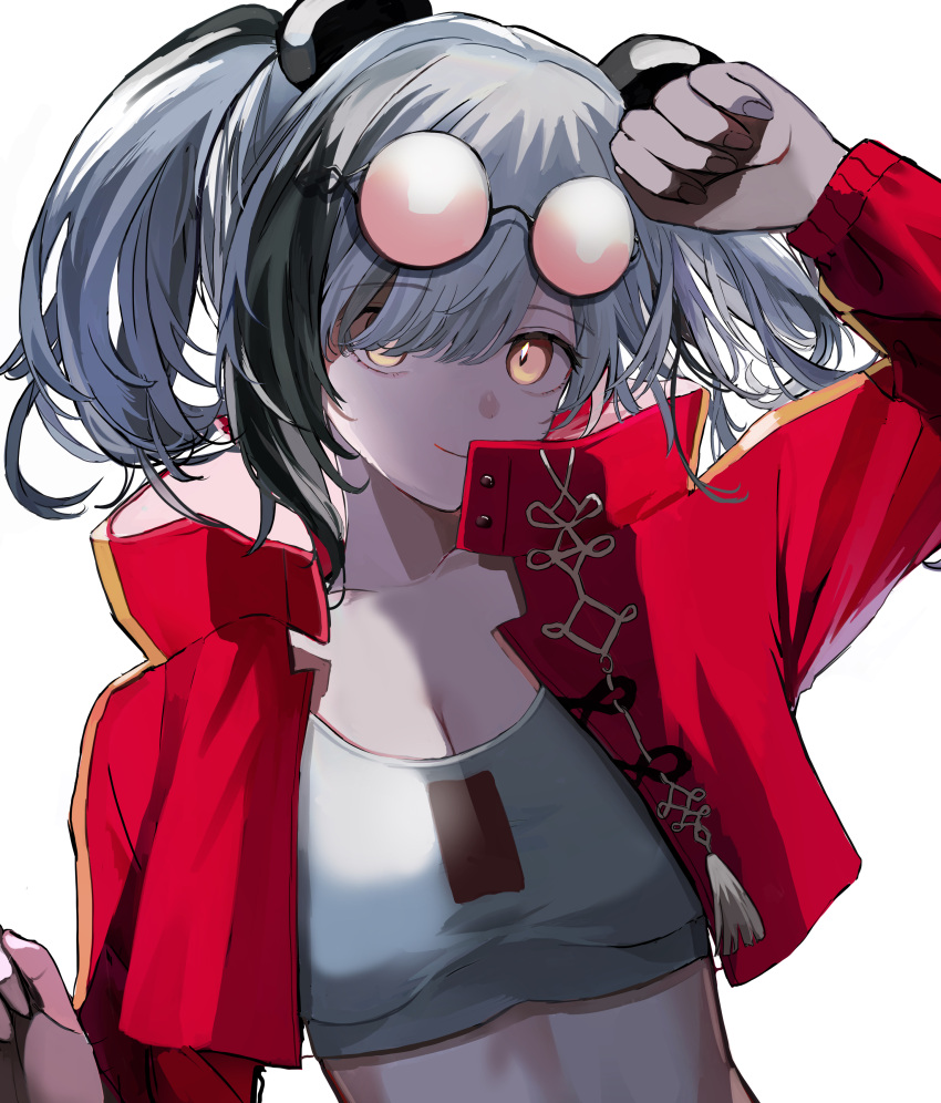 absurdres arknights arm_up bad_id bad_pixiv_id black_hair commentary_request crop_top cropped_jacket eyewear_on_head feater_(arknights) feater_(gourmet)_(arknights) female grey_hair highres jacket long_sleeves looking_at_viewer midriff multicolored_hair official_alternate_costume open_clothes open_jacket partial_commentary red_jacket shinonome_nemu_(nemulog_sn) shirt short_hair simple_background smile solo stomach sunglasses twintails upper_body white_background white_shirt yellow_eyes